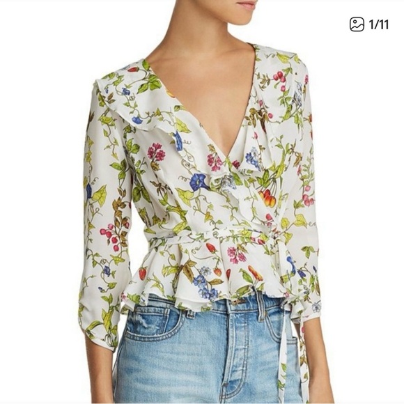 Milly Tops - Milly Italian Silk White Floral Fruit Wrap Ruffle Blouse